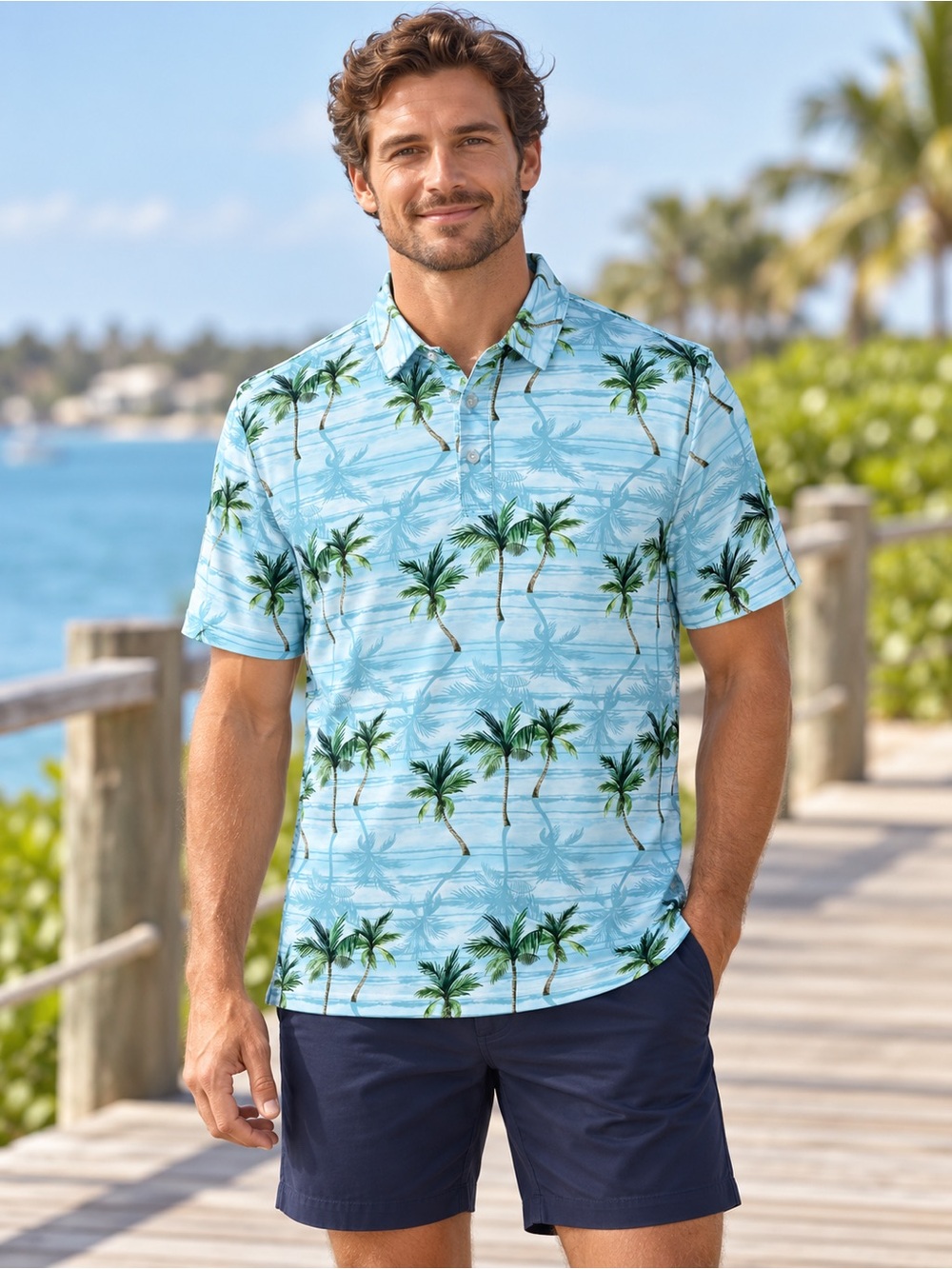 Yatta Golf Palm Bay Polo Menās Medium Blue Palm Tree Stretch Tropical Shirt